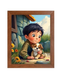 AI Funny Boy with Cute Dog Art Picture for Kids - 18x22 inches, Brown Color - Perfect Wall Decor for Children's Room