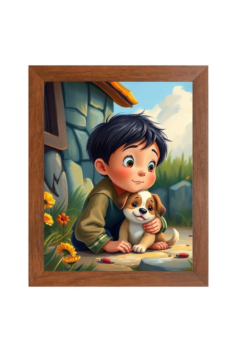 AI Funny Boy with Cute Dog Art Picture for Kids - 18x22 inches, Brown Color - Perfect Wall Decor for Children's Room