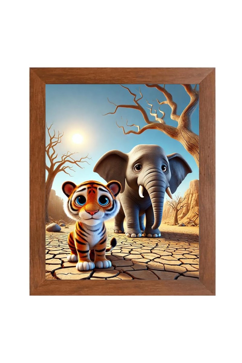 AI Funny Tiger and Elephant Art Picture for Kids - 10x14 inches, Brown Color - Perfect Wall Decor for Children's Room