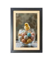 The cute baby chick is sitting under a bowl of eggs Black Photo Frame Funny Animal and Bird Cartoon Art