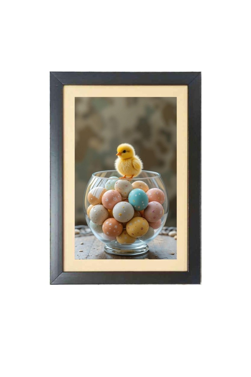 The cute baby chick is sitting under a bowl of eggs Black Photo Frame Funny Animal and Bird Cartoon Art