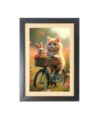 The cute cat and the rabbit are riding a bicycle Black Photo Frame Funny Animal and Bird Cartoon Art