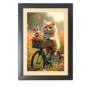 The cute cat and the rabbit are riding a bicycle Black Photo Frame Funny Animal and Bird Cartoon Art The cute cat and the rabbit are riding a bicycle Black Photo Frame Funny Animal and Bird Cartoon Art