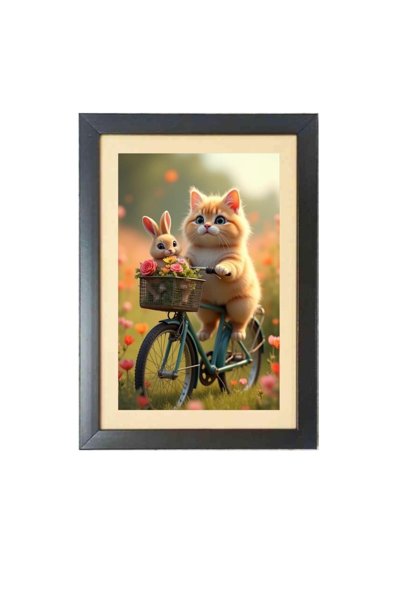 The cute cat and the rabbit are riding a bicycle Black Photo Frame Funny Animal and Bird Cartoon Art