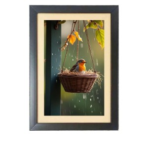 The cute bird in the round basket Black Photo Frame Funny Animal and Bird Cartoon Art The cute bird in the round basket Black Photo Frame Funny Animal and Bird Cartoon Art
