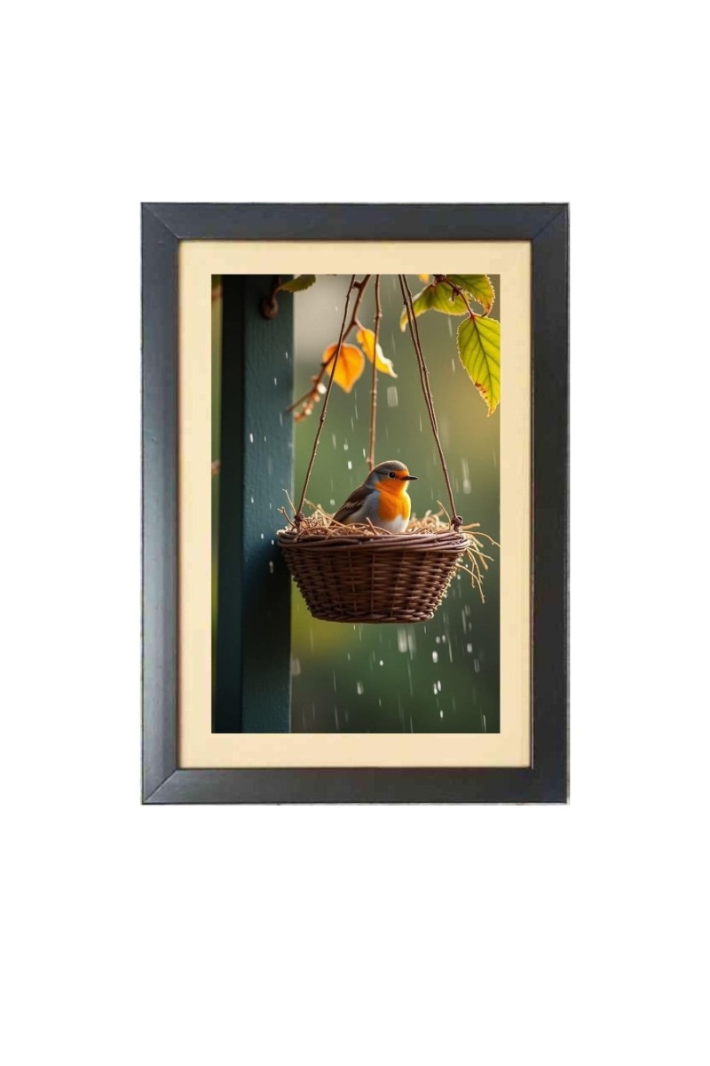 The cute bird in the round basket Photo Frame Funny Animal and Bird Cartoon Art, Black color, 19x23 Inch