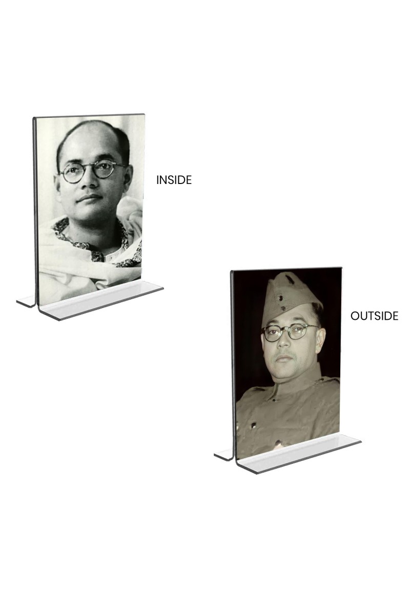 Netaji Subhas Chandra Bose Acrylic T-Style Photo Stand - 9x11 Inches, Compact and Stylish Spiritual Display, easily change 2 photos (Pack of 1)