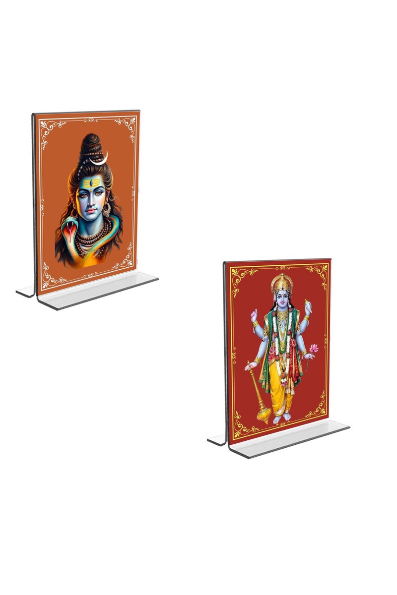 Car Desk/Table Top Lord Shiva & Lord Vishnu Acrylic T-Style Photo Stand - 2.5x3.5 Inches, Compact and Stylish Spiritual Display, easily change 2 photos (Pack of 1)