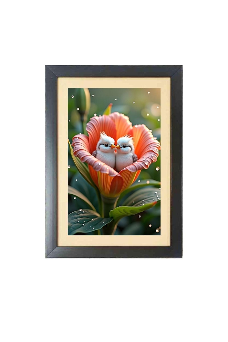 Two cute little birds inside the little flower Black Photo Frame Funny Animal and Bird Cartoon Art