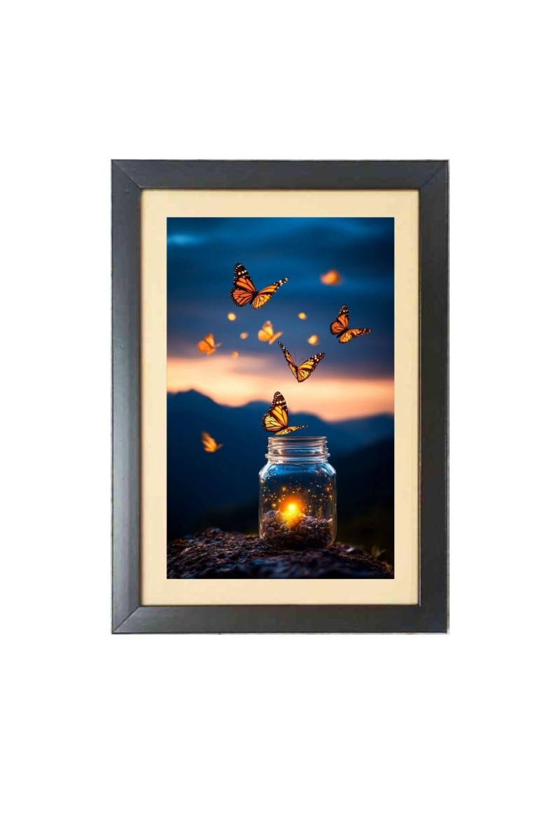 Beautiful butterfly flies are coming out of jar Black Photo Frame Funny Animal and Bird Cartoon Art