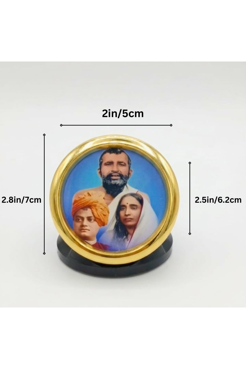 Sri Ramakrishna, Swami Vivekananda & Sarada Devi Gold Plated Metallic Photo Frame for Car Dashboard & Table Decor Glossy Finish | Compact & Elegant Design Study Desk, Puja Room, Home Temple & Office Decor