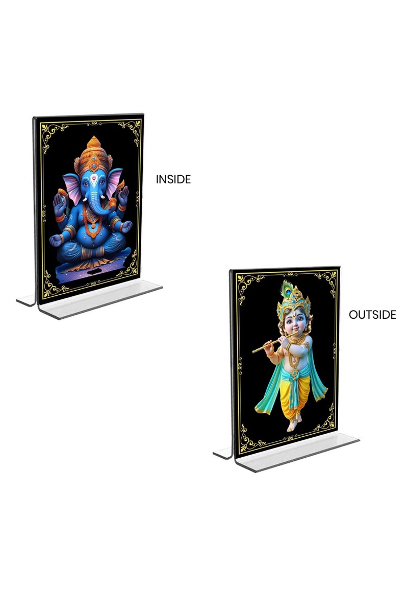 Sri Ganesh & Sri Krishna Acrylic T-Style Photo Stand, Compact and Stylish Spiritual Display, easily change 2 photos (Pack of 1)