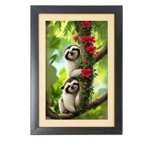 The cute sloths are holding tree Black Photo Frame Funny Animal and Bird Cartoon Art