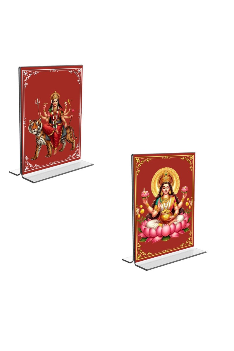 Car Desk/Table Top Maa Lakshmi & Maa Durga Acrylic T-Style Photo Stand - 2.5x3.5 Inches, Compact and Stylish Spiritual Display, easily change 2 photos (Pack of 1)