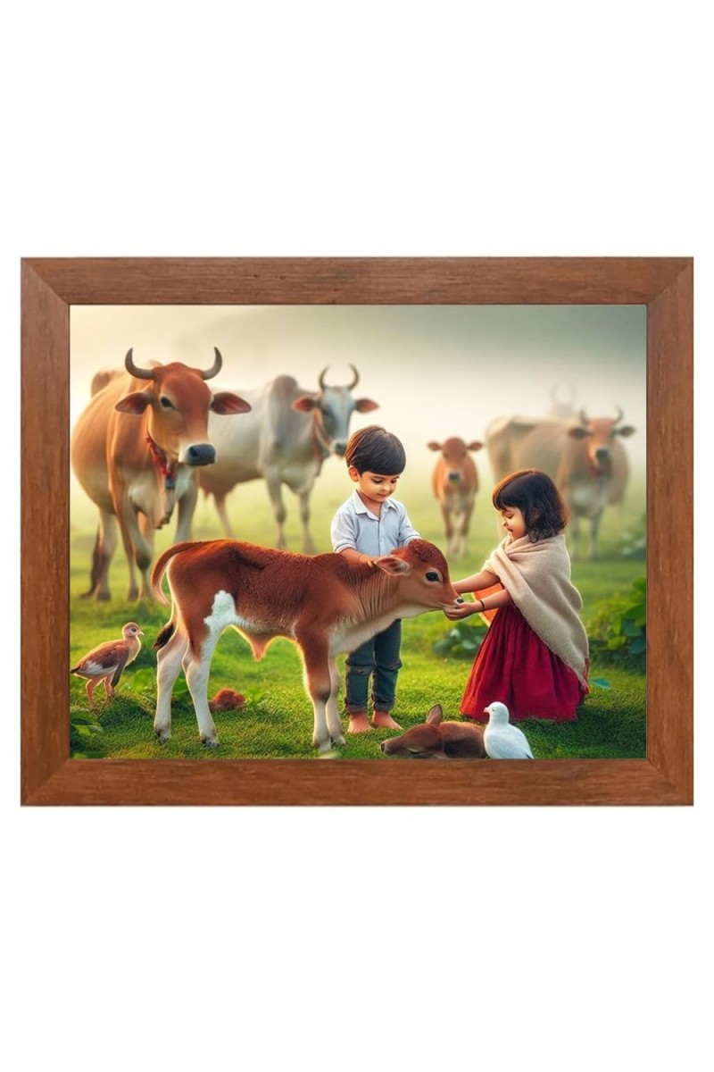 AI Funny Boy with Cow Art Picture for Kids - 14x18 inches, Brown Color - Perfect Wall Decor for Children's Room