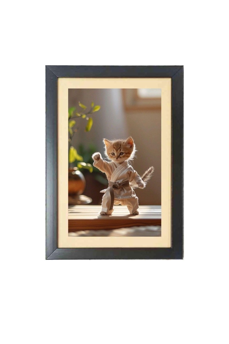 The funny cat is doing karate Photo Frame Funny Animal and Bird Cartoon Art, Black color, 19x23 Inch