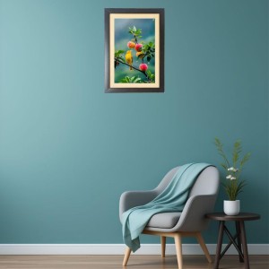 The cute bird is sitting on the apple tree Black Photo Frame Funny Animal and Bird Cartoon Art