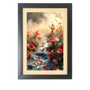 The beautiful butterfly fluttered near the mushrooms Black Photo Frame Funny Animal and Bird Cartoon Art The beautiful butterfly fluttered near the mushrooms Black Photo Frame Funny Animal and Bird Cartoon Art