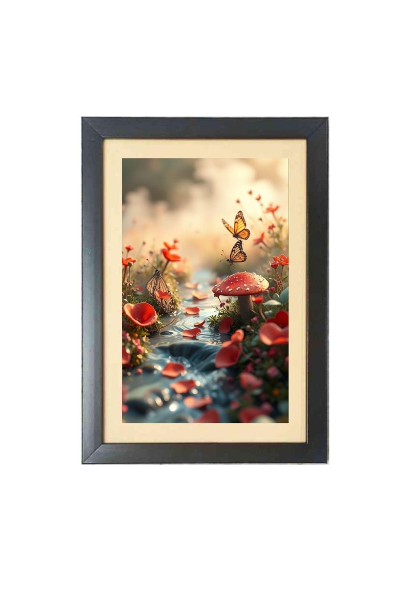 The beautiful butterfly fluttered near the mushrooms Black Photo Frame Funny Animal and Bird Cartoon Art