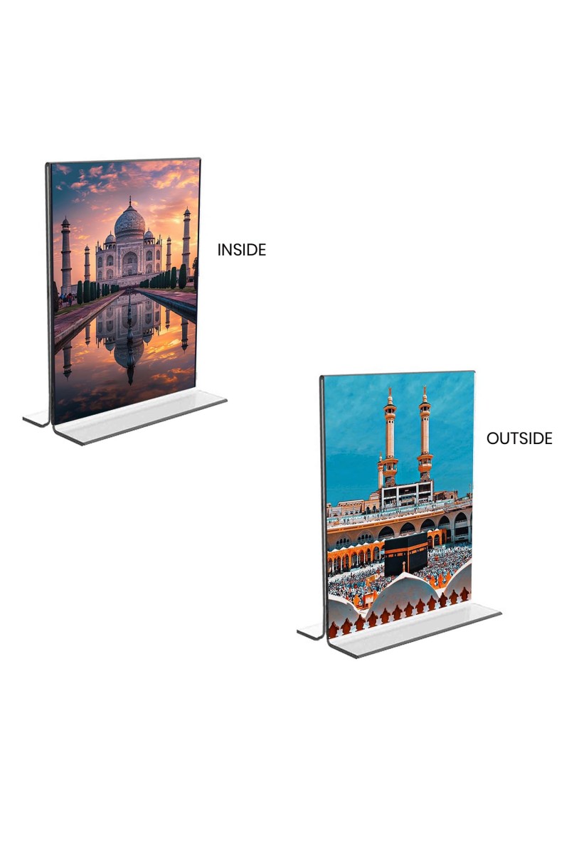 Taj Mahal & Mecca Madina Acrylic T-Style Photo Stand, Compact and Stylish Spiritual Display, easily change 2 photos (Pack of 1)