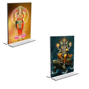 Car Desk/Table Top Lord Vishnu & Baba Lakhsmi Acrylic T-Style Photo Stand - 2.5x3.5 Inches, Compact and Stylish Spiritual Display, easily change 2 photos (Pack of 1)