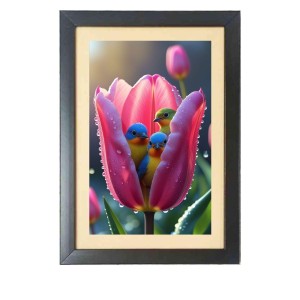 The colorful birds in the flower bud Black Photo Frame Funny Animal and Bird Cartoon Art The colorful birds in the flower bud Black Photo Frame Funny Animal and Bird Cartoon Art