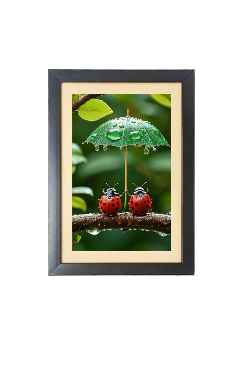 Two cute lady bugs under little umbrella Black Photo Frame Funny Animal and Bird Cartoon Art