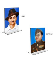 Sri Bhagat Singh & Netaji Subhas Chandra Bose Acrylic T-Style Photo Stand - 11x13 Inches, Compact and Stylish Spiritual Display, easily change 2 photos (Pack of 1)