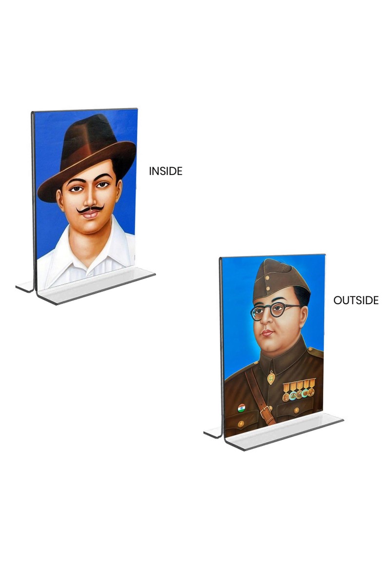 Sri Bhagat Singh & Netaji Subhas Chandra Bose Acrylic T-Style Photo Stand, Compact and Stylish Spiritual Display, easily change 2 photos (Pack of 1)