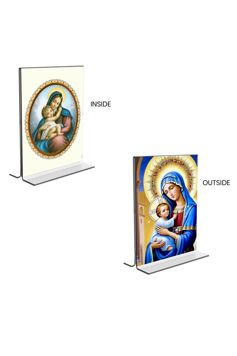 Mother Mary Acrylic T-Style Photo Stand - 5x7 Inches, Compact and Stylish Spiritual Display, easily change 2 photos (Pack of 1)
