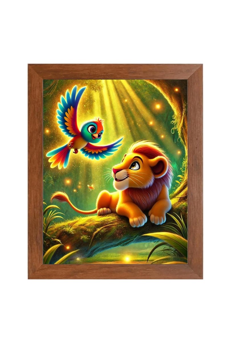 AI Funny Lion with Bird Art Picture for Kids - 10x14 inches, Brown Color - Perfect Wall Decor for Children's Room
