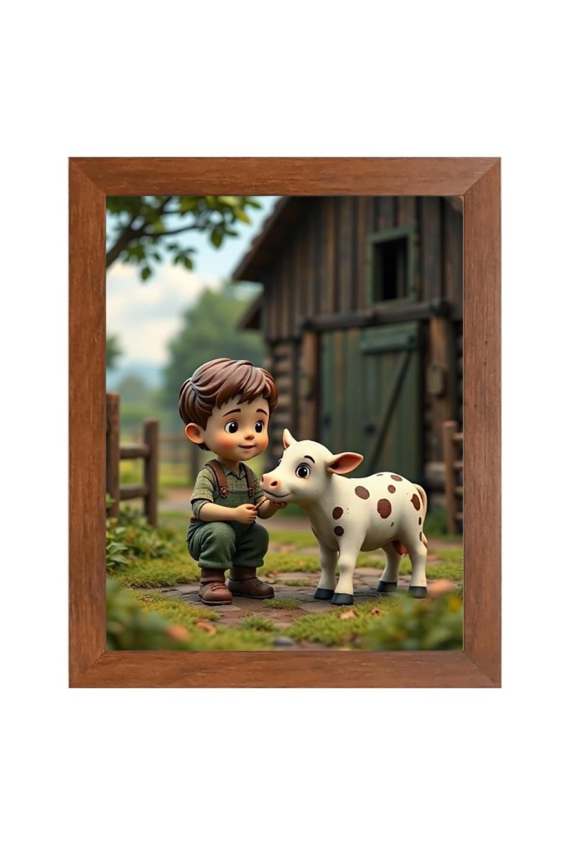 AI Funny Boy with Cow Art Picture for Kids - 10x14 inches, Brown Color - Perfect Wall Decor for Children's Room