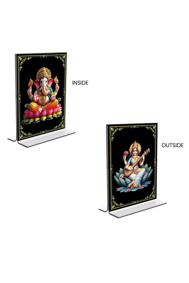 Sri Ganesh & Debi Saraswati Acrylic T-Style Photo Stand, Compact and Stylish Spiritual Display, easily change 2 photos (Pack of 1)