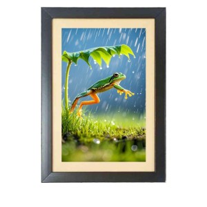 The funny frog is jumping Black Photo Frame Funny Animal and Bird Cartoon Art The funny frog is jumping Black Photo Frame Funny Animal and Bird Cartoon Art