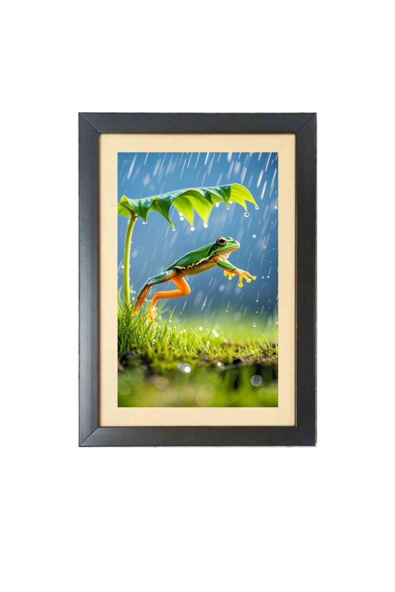The funny frog is jumping Black Photo Frame Funny Animal and Bird Cartoon Art