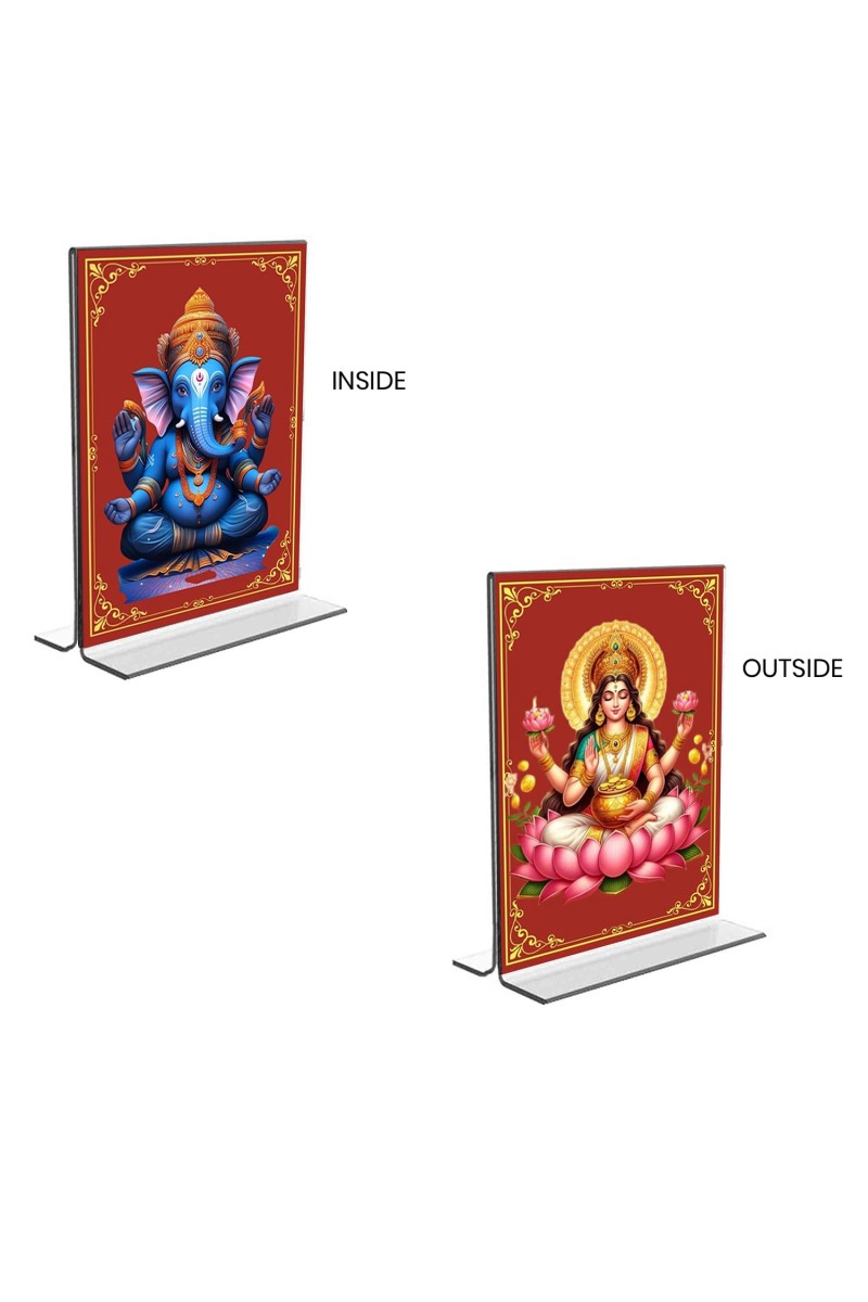 Sri Ganesh & Debi Lakshmi Acrylic T-Style Photo Stand, Compact and Stylish Spiritual Display, easily change 2 photos (Pack of 1)