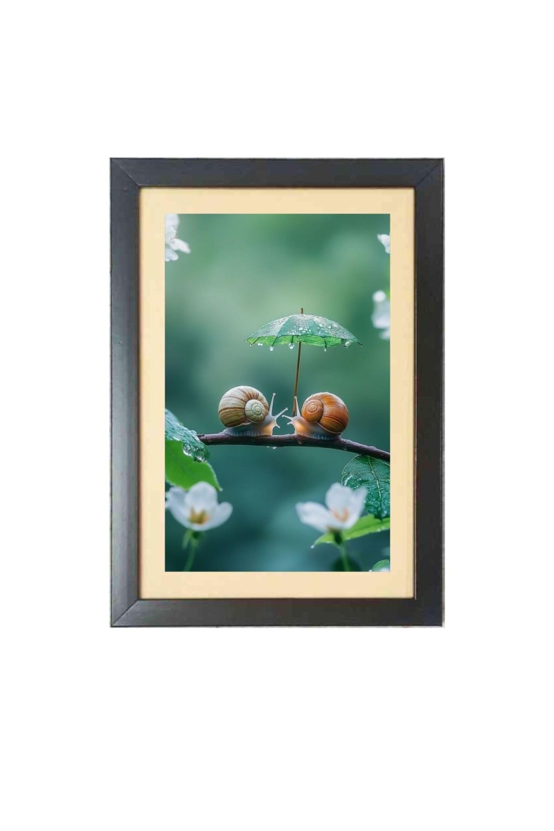 Two cute snails under little umbrella Black Photo Frame Funny Animal and Bird Cartoon Art