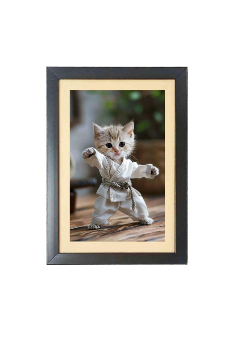 The cute cat is doing karate Photo Frame Funny Animal and Bird Cartoon Art, Black color, 15x19 Inch