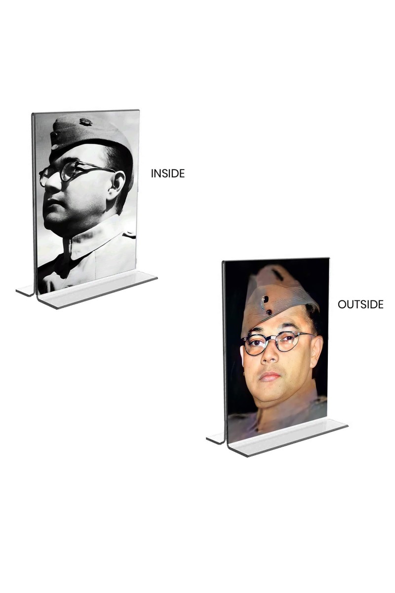 Netaji Subhas Chandra Bose Acrylic T-Style Photo Stand - 11x13 Inches, Compact and Stylish Spiritual Display, easily change 2 photos (Pack of 1)