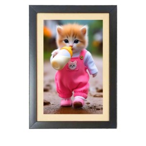 The cute cat is drinking bottle milk Photo Frame Funny Animal and Bird Cartoon Art, Black color, 19x23 Inch