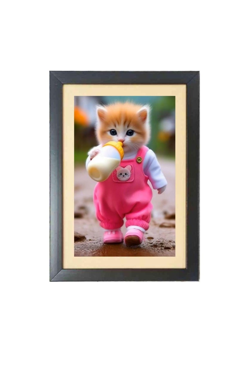 The cute cat is drinking bottle milk Photo Frame Funny Animal and Bird Cartoon Art, Black color, 19x23 Inch
