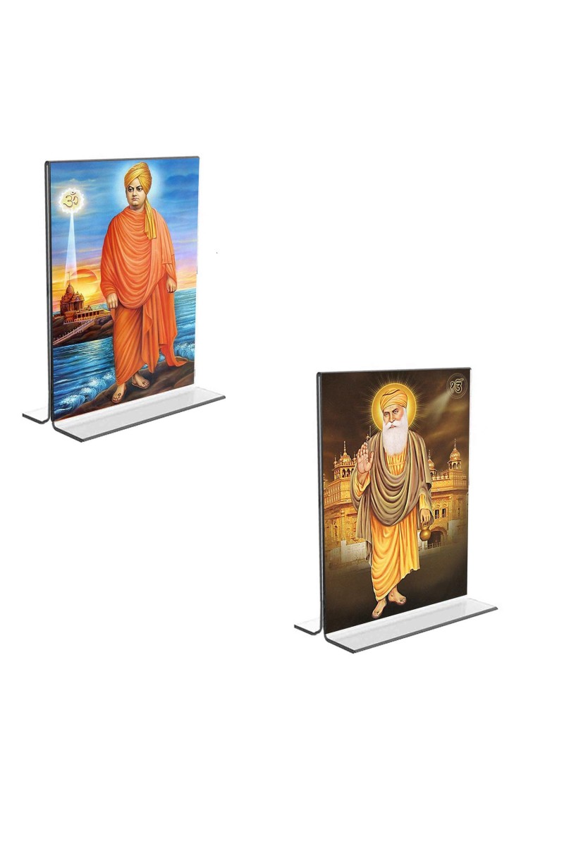 Car Desk/Table Top Swami Vivekananda & Guru Nanak Acrylic T-Style Photo Stand - 2.5x3.5 Inches, Compact and Stylish Spiritual Display, easily change 2 photos (Pack of 1)