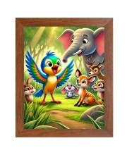 AI Funny Cute Elephant, Rabbit With Birds Art Picture for Kids - 10x14 inches, Brown Color - Perfect Wall Decor for Children's Room