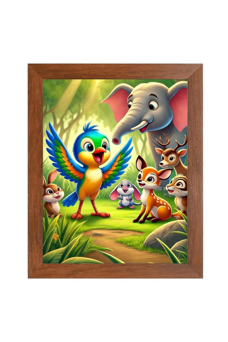 AI Funny Cute Elephant, Rabbit With Birds Art Picture for Kids - 12x16 inches, Brown Color - Perfect Wall Decor for Children's Room