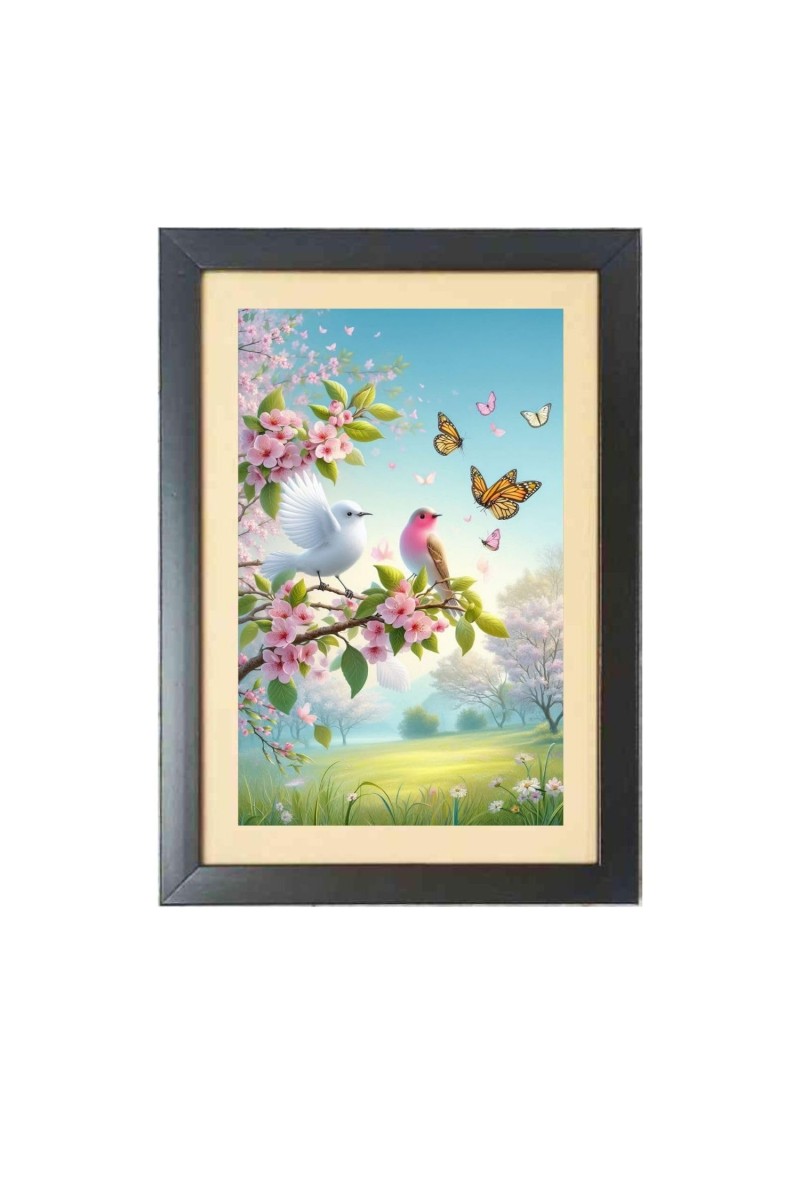 The colorful birds sit on the branch Black Photo Frame Funny Animal and Bird Cartoon Art