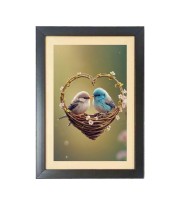 Love birds in a heart shaped nest Photo Frame Funny Animal and Bird Cartoon Art, Black color, 13x17 Inch