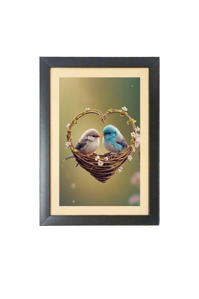 Love birds in a heart shaped nest Photo Frame Funny Animal and Bird Cartoon Art, Black color, 13x17 Inch
