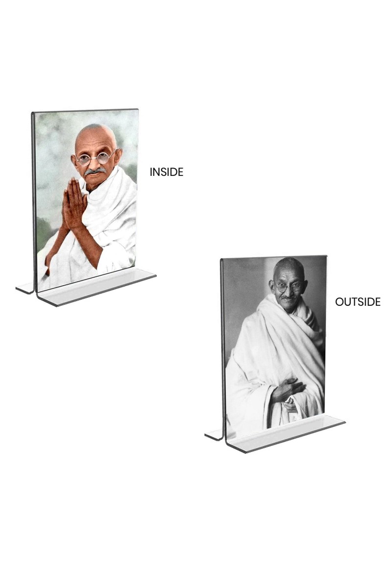 Mahatma Gandhi Acrylic T-Style Photo Stand, Compact and Stylish Spiritual Display, easily change 2 photos (Pack of 1)