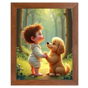 AI Funny Boy with Cute Dog Art Picture for Kids - 12x16 inches, Brown Color - Perfect Wall Decor for Children's Room