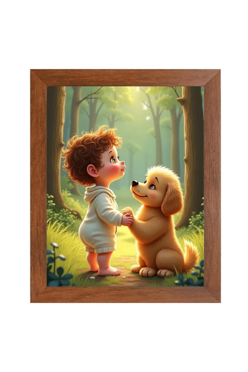 AI Funny Boy with Cute Dog Art Picture for Kids - 12x16 inches, Brown Color - Perfect Wall Decor for Children's Room